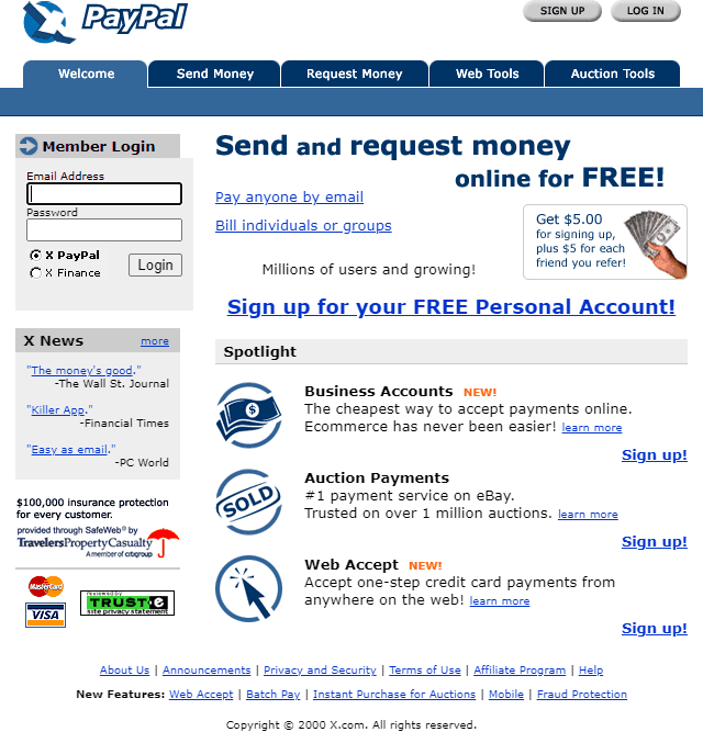 screenshot of X-Paypal interface from the year 2000