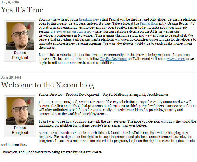 Screenshot of X.com blog posts from June and July of 2009