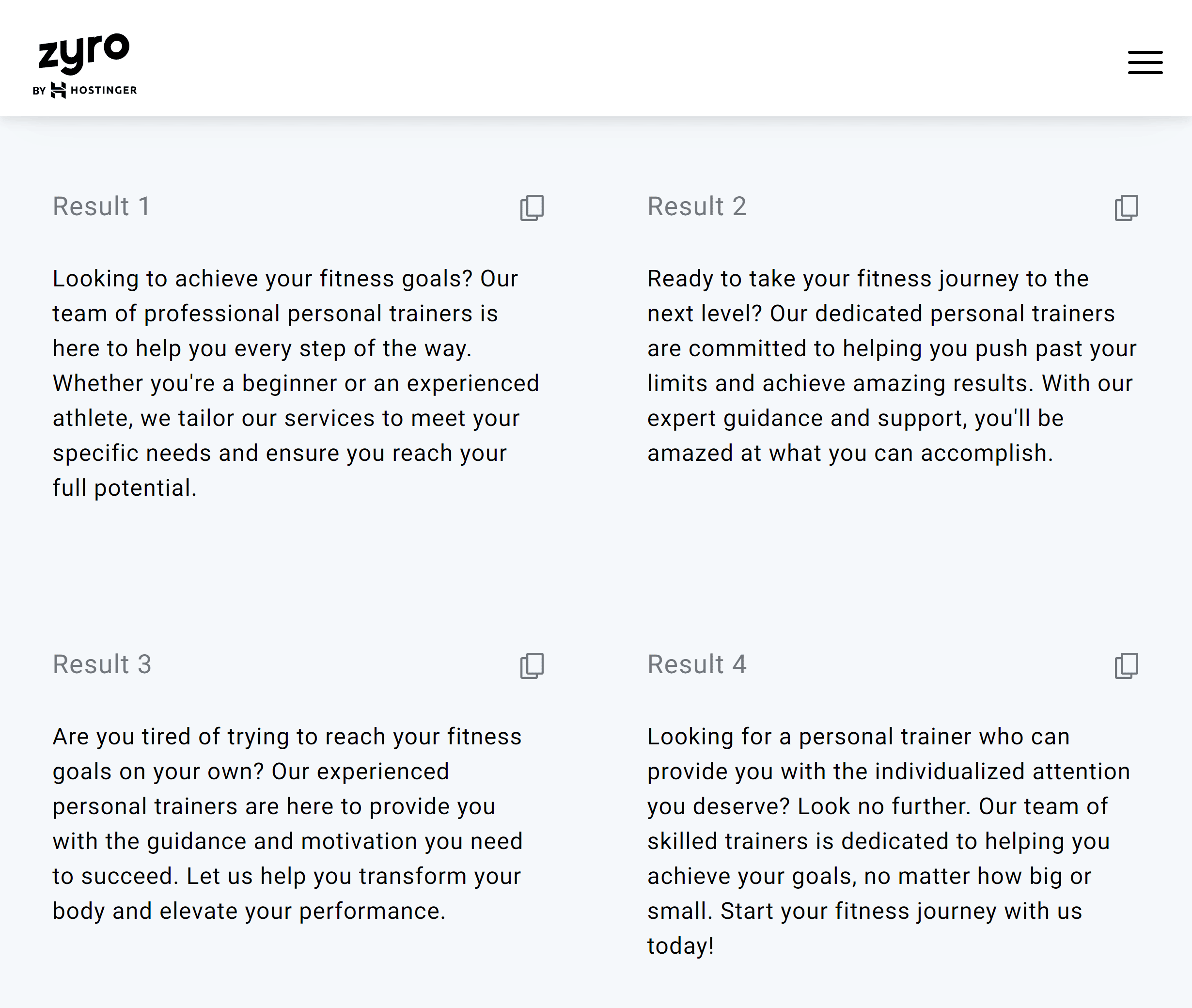 Zyro – Results