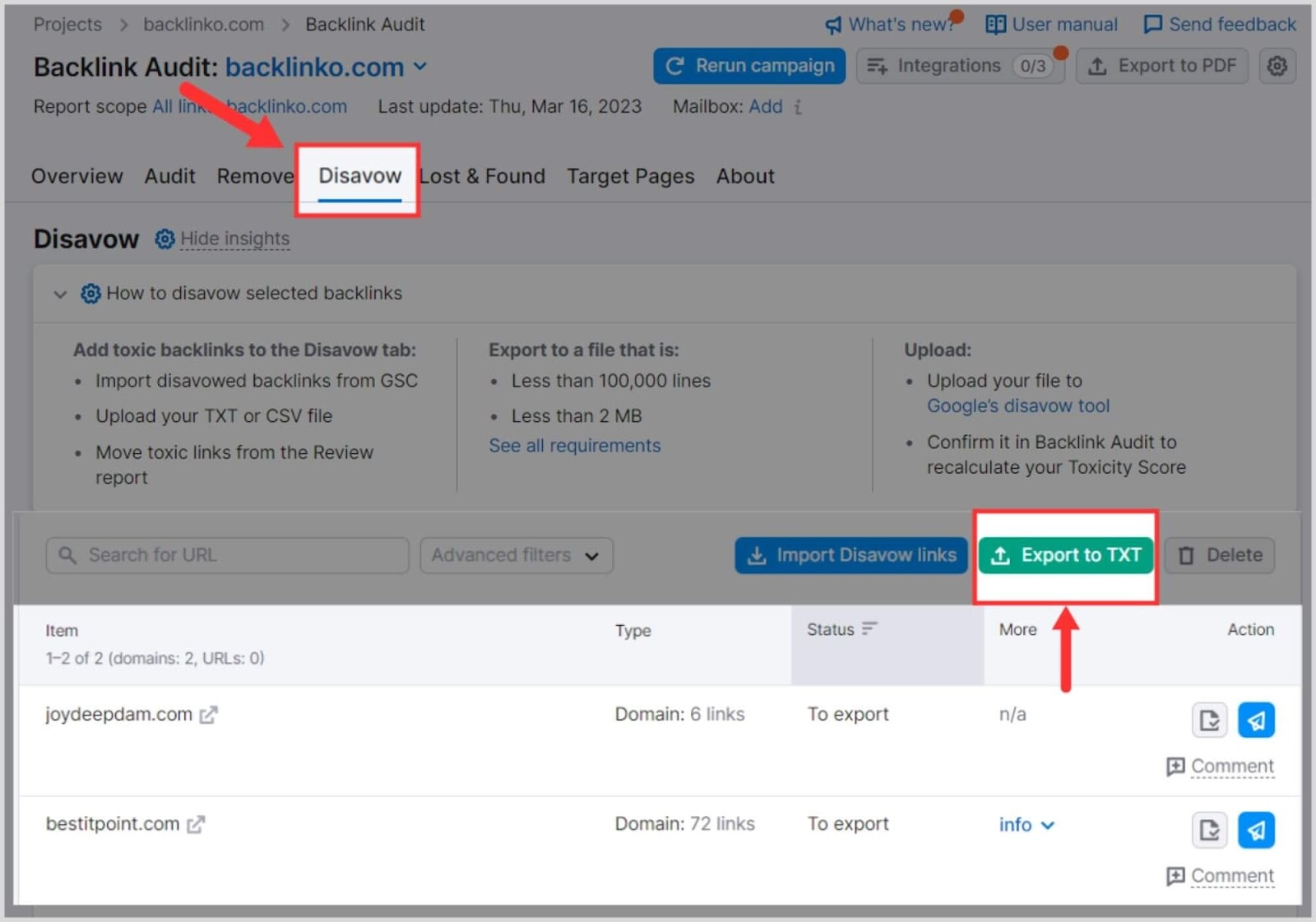 Export the Disavow list to Google Search Console