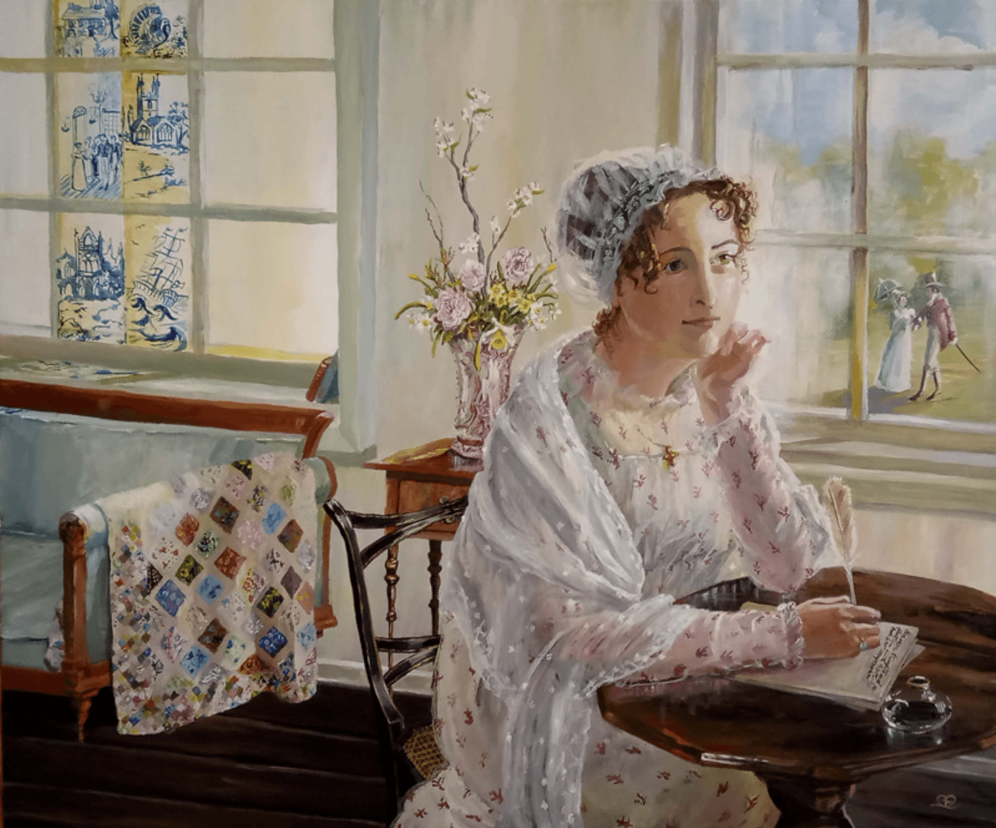 painting of Jane Austen writing about her travels and experiences at her desk