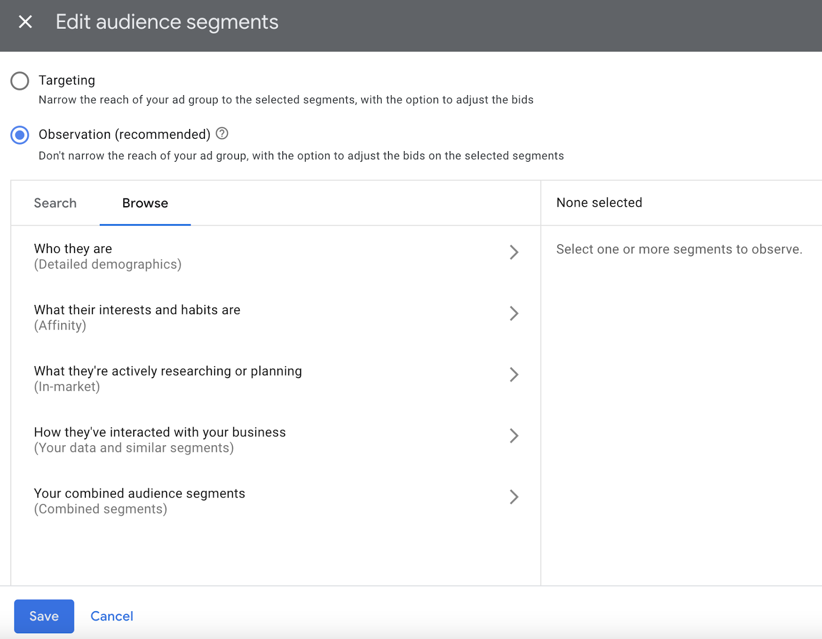 YouTube audience segments: Shows detailed demographics, affinity, in-market, your data and similar, and combined segments