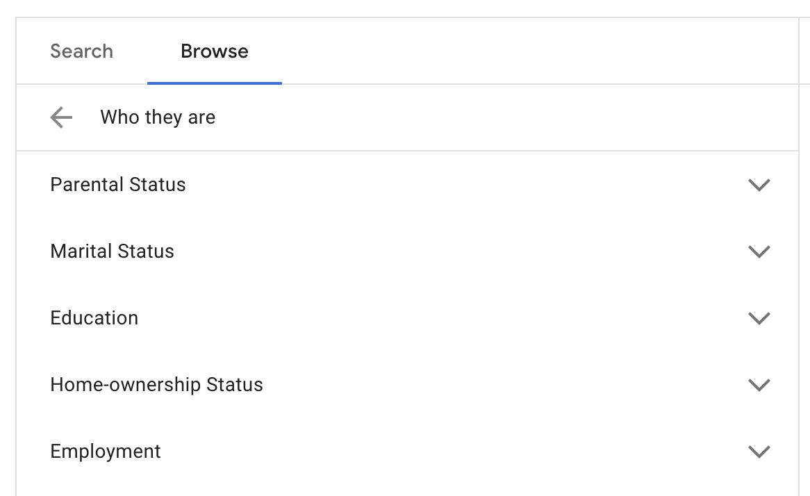  YouTube ads detailed demographic audience segment: Shows parental, marital, educational, home, and employment statuses