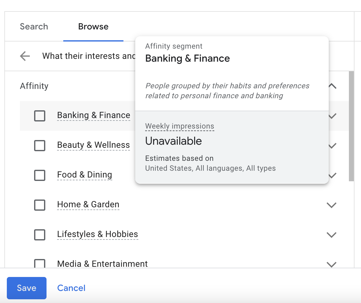 YouTube ads affinity audience segment: Shows banking and finance and lots of other segments