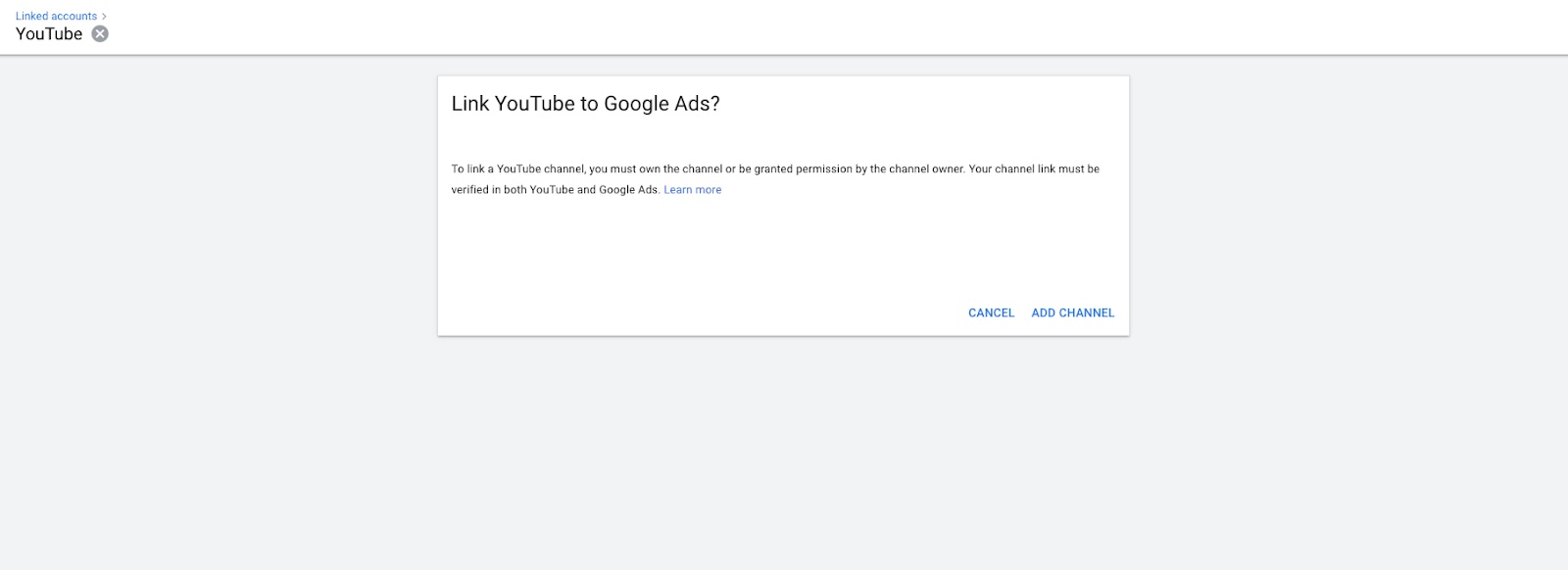 Linking of Google Ads account to YouTube channel finished