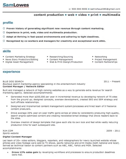 resume templates for word: Content production resume template