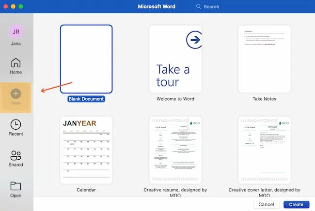 Screenshot for how to find resume templates in Word