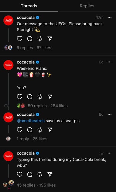 Screenshot of Coca-cola's posts on Threads