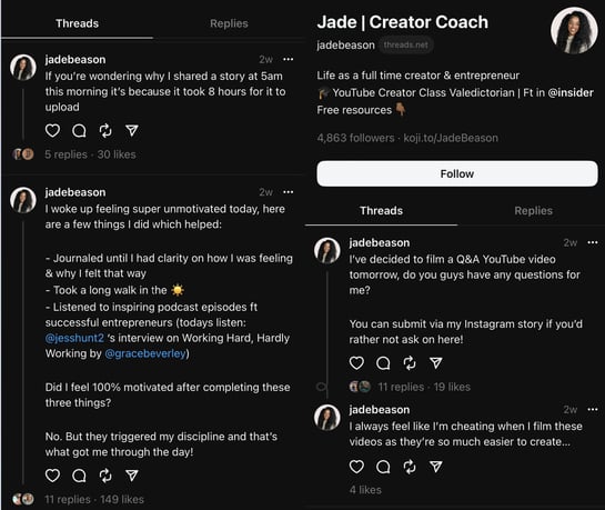 Screenshot of Jade Beason's posts on Threads