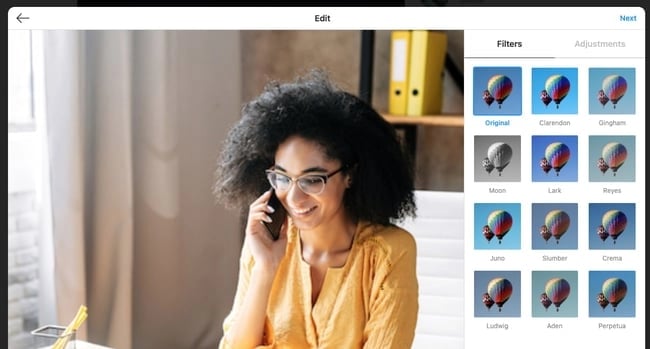 how to post on instagram on desktop: choose a filter