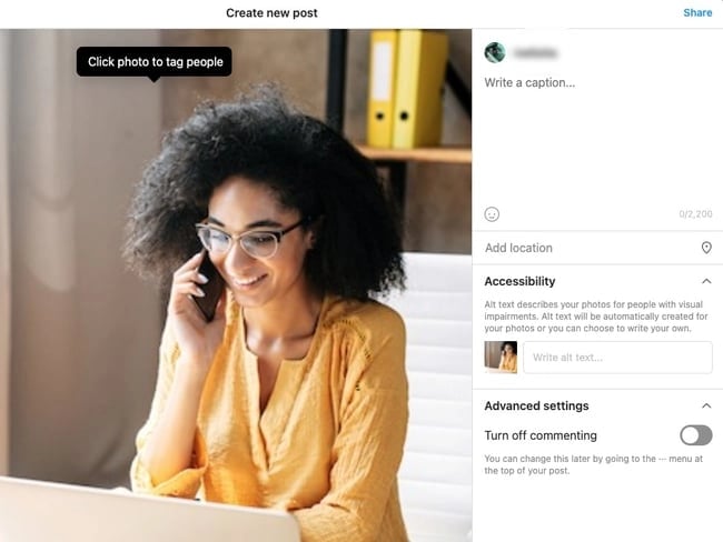 how to post on instagram on desktop: add caption